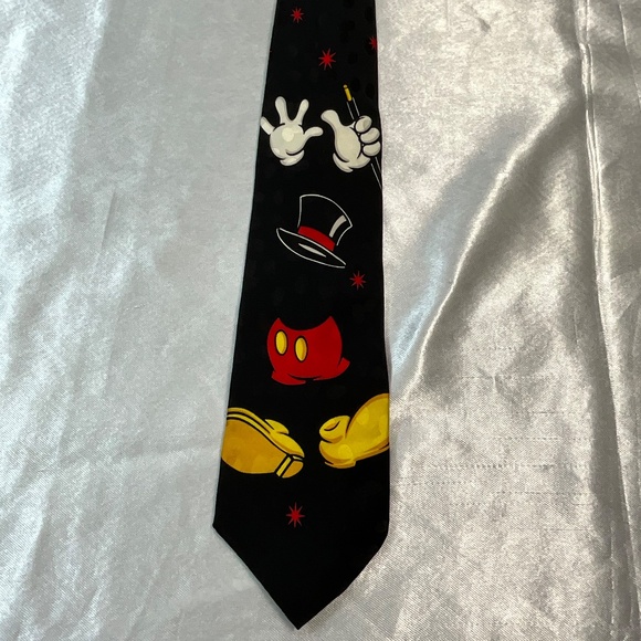 Vintage Mickey Inc Disney 100% Silk Tie Magic Hands Hat Pants Black Novelty - Picture 2 of 10